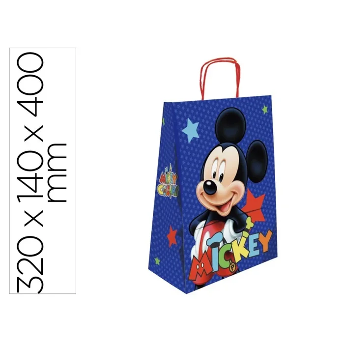 25 Unidades – Bolsa para regalo basika papel celulosa 90 gr mickey con asa retorcida tamaño l 320x140x400 mm