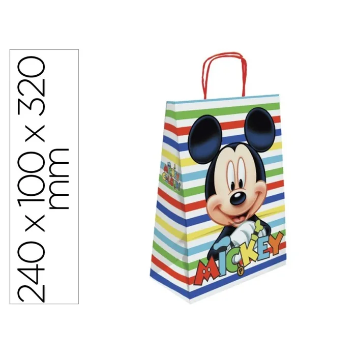 25 Unidades – Bolsa para regalo basika papel celulosa 90 gr mickey con asa retorcida tamaño s 240x100x320mm