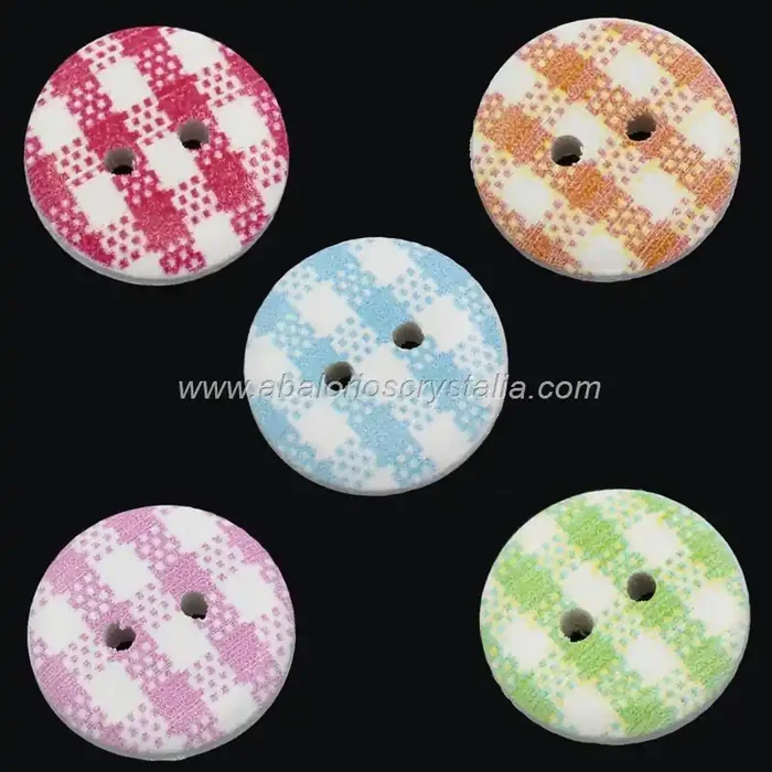 5 BOTONES DE MADERA 2 AGUJEROS DIBUJO CUADRITOS 15mm