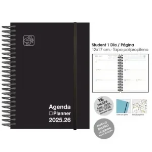 AGENDA ANUAL (2025-26) SENFORT 16 MESES IKI UNICOLOR ESPIRAL TAPA PP CON GOMA 155X215 S/V NEGRO