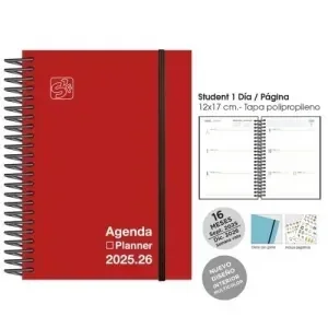 AGENDA ANUAL (2025-26) SENFORT 16 MESES IKI UNICOLOR ESPIRAL TAPA PP CON GOMA 155X215 S/V ROJO