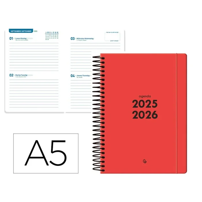 Agenda escolar liderpapel 25-26 espiral basic rojo 2 dias pagina a5 bilingüe papel fsc 70 gr