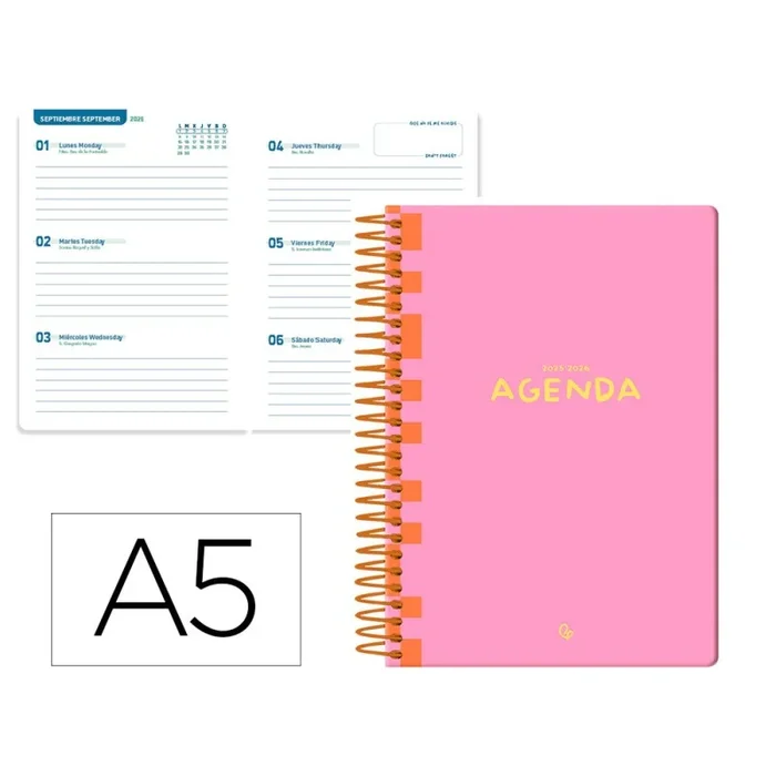 Agenda escolar liderpapel 25-26 espiral classic rosa semana vista a5 bilingüe papel fsc 70 gr