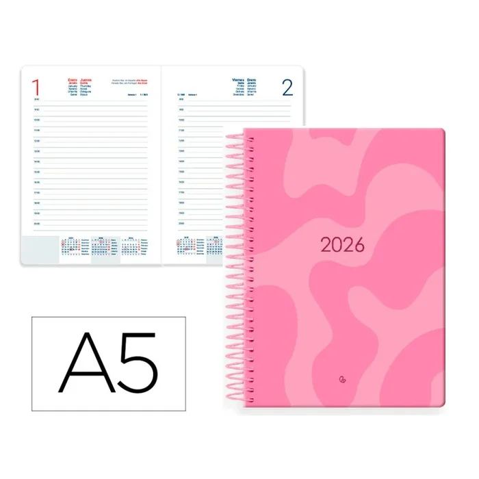 Agenda espiral liderpapel syros 150×210 mm 2026 dia pagina rosa papel 60 gr fsc