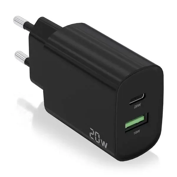 Aisens Cargador 20W – 1xUSB-C PD3.0 – 1xUSB-A QC3.0 – Color Negro