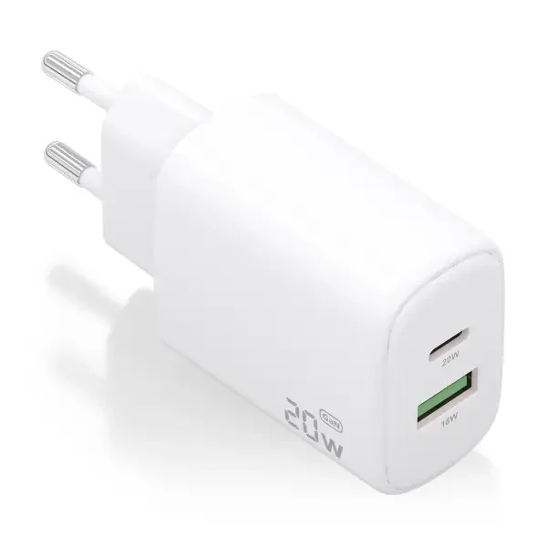 Aisens Cargador GaN 20W – 1xUSB-C PD3.0 – 1xUSB-A QC3.0 – Color Blanco