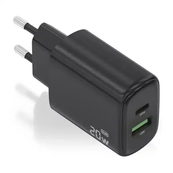 Aisens Cargador GaN 20W – 1xUSB-C PD3.0 – 1xUSB-A QC3.0 – Color Negro