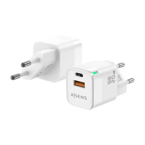 Aisens Cargador GAN 20W – 1xUSB-C PD3.0 QC4.0 – 1xUSB-A QC3.0 – Color Blanco