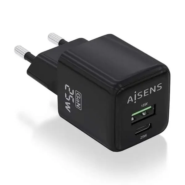 Aisens Cargador Gan 25W – 1xUSB-C PD3.0 QC4.0 – 1xUSB-A QC3.0 – Color Negro