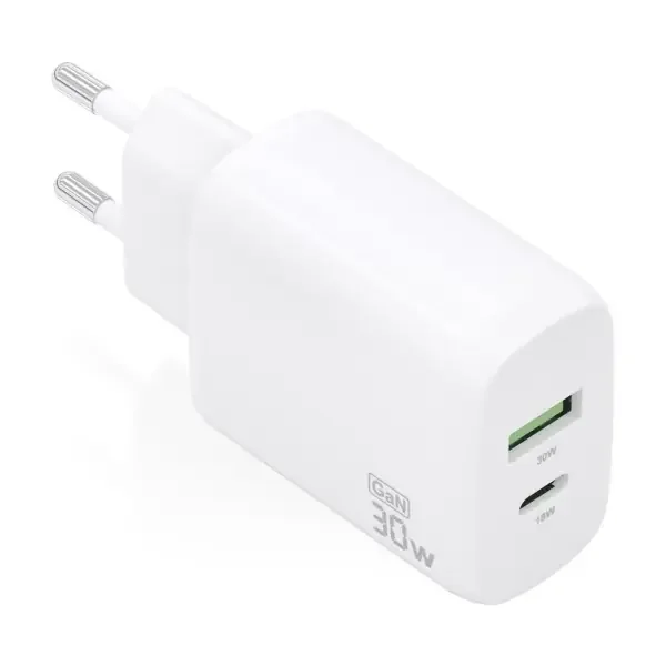 Aisens Cargador GaN 30W – 1xUSB-C PD3.0 QC4.0 – 1xUSB-A QC3.0 – Color Blanco