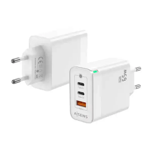 Aisens Cargador GAN 65W – 2xUSB-C PD3.0 QC4.0 – 1xUSB-A QC3.0 – Color Blanco