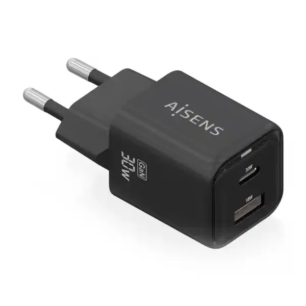 Aisens Cargador Gan USB-C 30W – Alta Eficiencia Energetica – Tecnologia AI para Carga Rapida – Multiples Protecciones de Seguridad – Compatible con USB-C y USB-A – Carga Simultanea