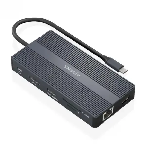 Aisens Conversor USB-C 12 en 1 – Carcasa de Aluminio – Ligero y Portatil – Conexion a 3 Pantallas – Power Delivery 100W – Ethernet RJ45 – Puertos USB-A y USB-C – Lectores de Tarjetas SD y Micro SD