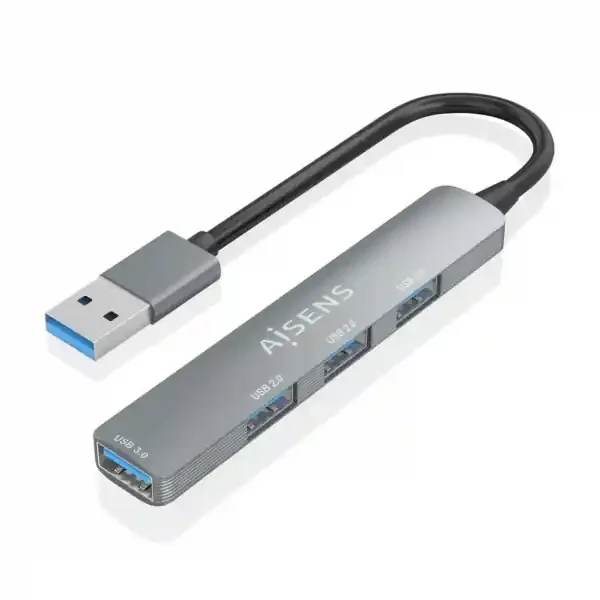 Aisens Hub USB Ultra Delgado de Aluminio – 1xUSB3.0 + 3xUSB2.0 – Alta Velocidad 5 Gbps – Alimentacion por Bus USB – Color Gris