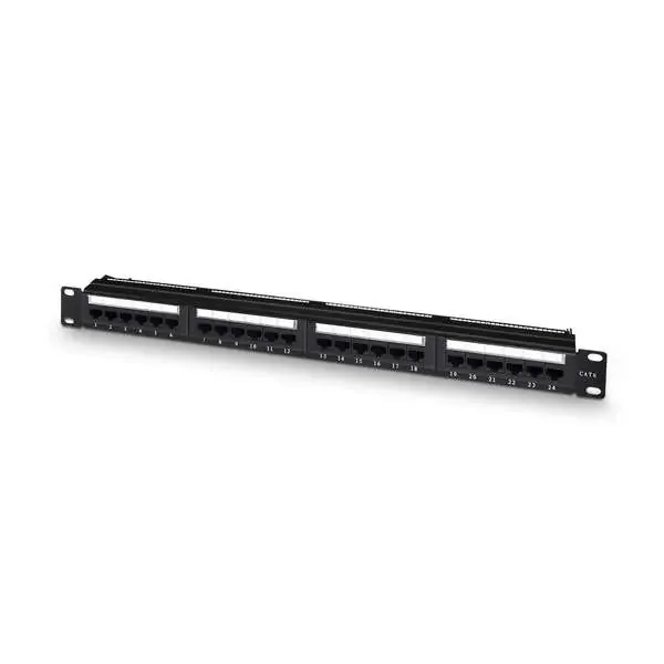 Aisens Panel de Parcheo de 24 Puertos RJ45 Cat.6 UTP – 19″ 1U Dual IDC con Gestion de Cables – Color Negro
