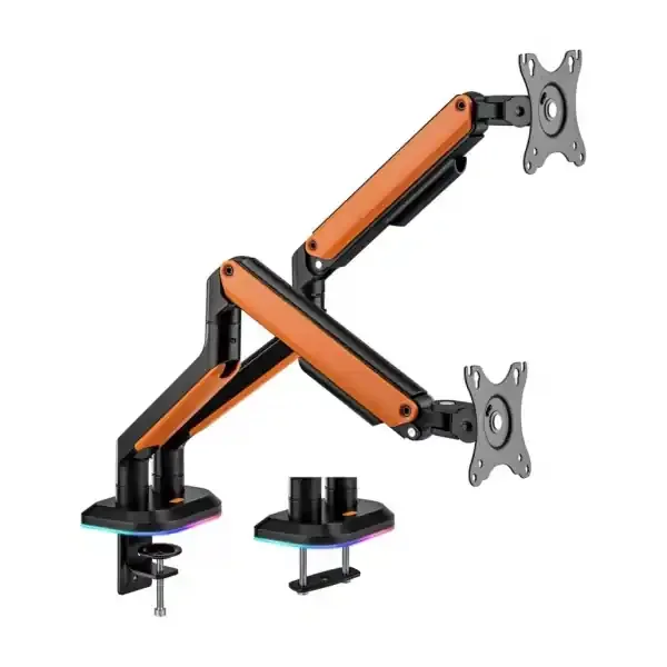 Aisens Soporte de Mesa Profesional Gaming RGB – Giratorio e Inclinable – Acero de Alta Resistencia – Iluminacion Ambiental – Compatible Vesa – Carga Maxima 9Kg – Sistema de Pasacables – Color Negro/Naranja