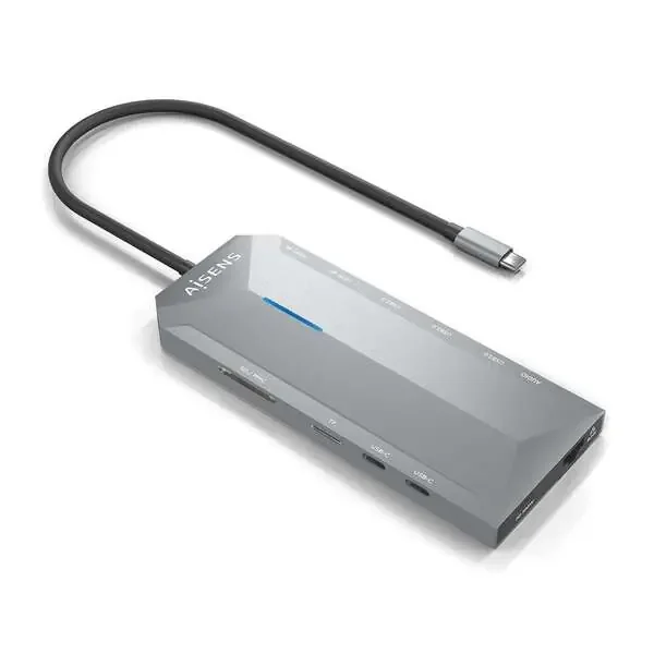 Aisens USB-C Dock 12 En 1 – USB-C a 2xHDMI – 1xRJ45 – 3xUSB-A – 2xUSB-C – 1xUSB-C PD – 1xAudio – 1xSD – 1xMicro SD – 15cm – Color Gris