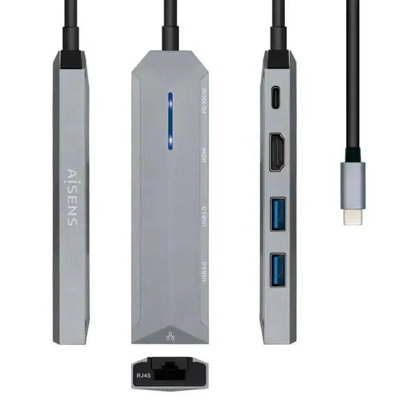 Aisens USB-C Dock 5 en 1 – USB-C a 1xHDMI – 1xRJ45 – 2xUSB – 1xPD – 15cm – Color Gris