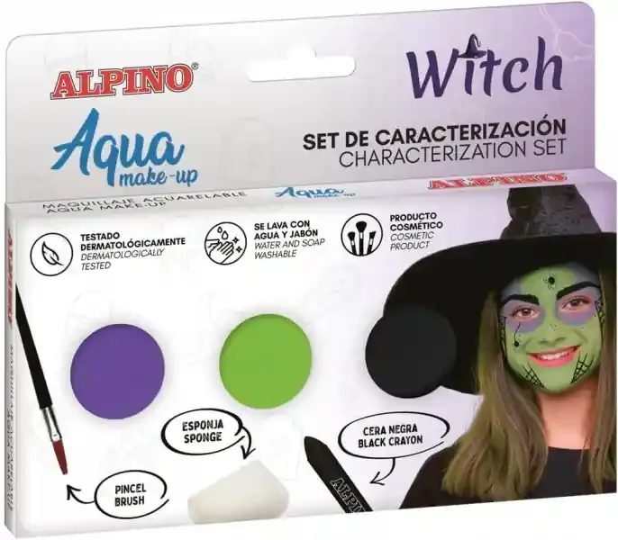 Alpino Aqua Make Up Set de Caracterizacion de Bruja – 3 Polveras + Cera Negra + Pincel + Esponja