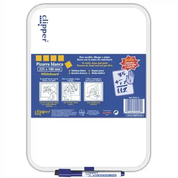 Alpino Clipper Pizarra Blanca 25.5x18cm – Una Cara Blanca y otra con Cuadricula – Borrado en Seco – Incluye Rotulador con Borrador – Color Blanco
