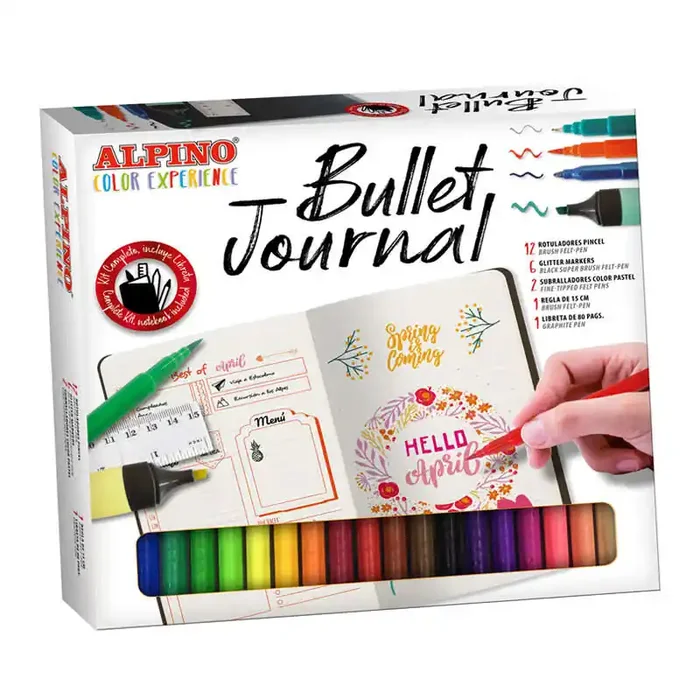 Alpino Color Experience Kit Bullet Journal con 12 Rotuladores Doble Punta (0.7mm y 2.9mm) – 2 Marcadores Pastel – 6 Rotuladores con Efecto Purpurina – Regla de 15cm – Libreta de 80 Paginas – Ideal para Iniciarse en el Bullet Journal – Colores Surtidos