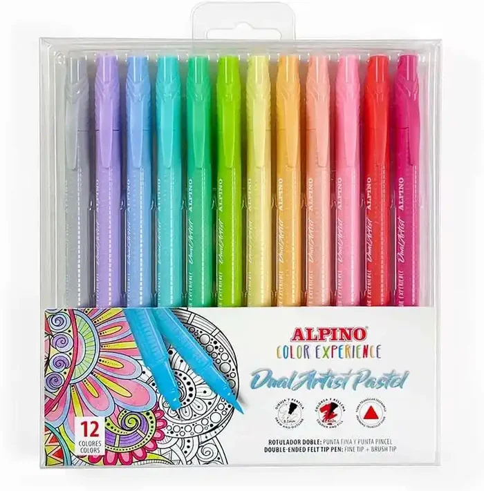 Alpino Color Experience Pack de 12 Rotuladores Pastel Doble Punta – Forma Triangular Ergonomica – Puntas Fine Liner de 0.7mm y Pincel de 2.9mm – Colores Surtidos