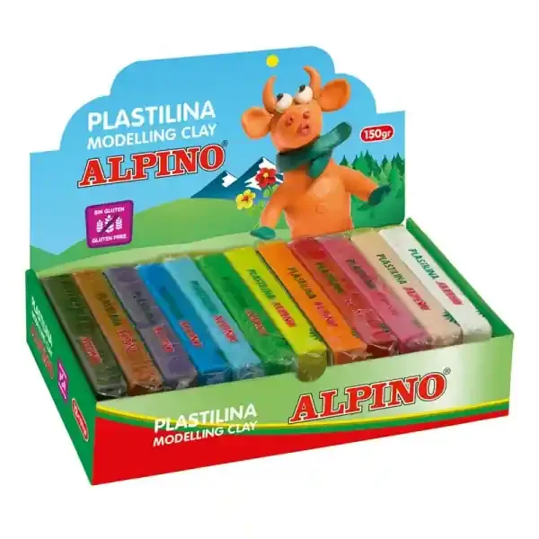 Alpino Expositor de 12 Pastillas de Plastilina 150gr – Muy Flexible – Pueden Mezclarse – Sin Gluten – Colores Surtidos