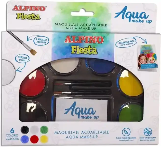 Alpino Fiesta Aqua Make-up Pack con Paleta de Maquillaje Acuarelable con 6 Colores + 2 Pinceles + Esponja y Guia de Uso – Se Lava con Agua y Jabon – Colores Surtidos