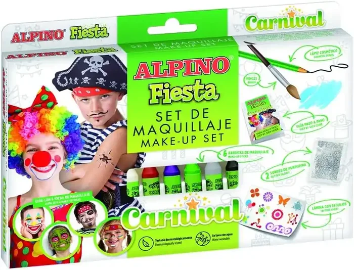 Alpino Fiesta Carnival Pack de Maquillaje con 6 Barritas de Pintura Facial + Pincel + Tatuajes en Calcomania + Lapiz Perfilador y 2 Sobres de Purpurina – Se Lava con Agua – Testado Dermatologicamente
