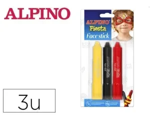 ALPINO FIESTA FACE STICK PACK CON 3 BARRITAS DE PINTURA FACIAL – SISTEMA RETRACTIL GIRATORIO – SE LAVA CON AGUA – TESTADO DERMATOLOGICAMENTE