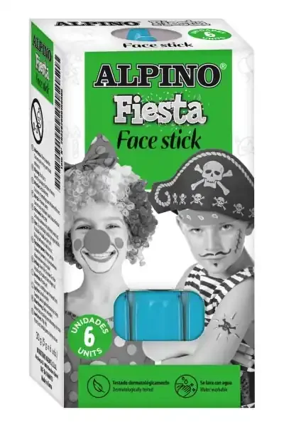 Alpino Fiesta Face Stick Pack con 6 Barritas de Pintura Facial – Sistema Retractil Giratorio – Se Lava con Agua – Testado Dermatologicamente – Color Azul Cyan