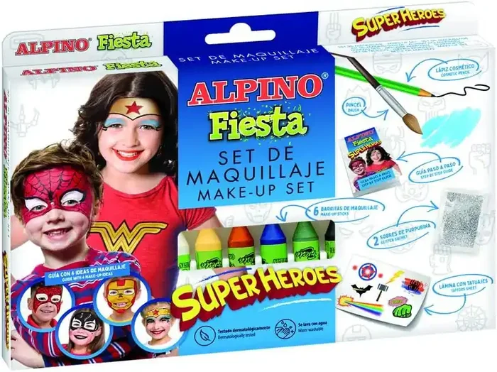 Alpino Fiesta Superheroes Pack de Maquillaje con 6 Barritas de Pintura Facial + Pincel + Tatuajes en Calcomania + Lapiz Perfilador y 2 Sobres de Purpurina – Se Lava con Agua – Testado Dermatologicamente