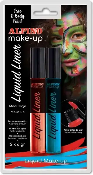 Alpino Make-up Liquid Liner Pack con 2 Botes de Maquillaje Liquido con Aplicador – Se Lava con Agua – Testado Dermatologicamente – Colores Azul y Rojo