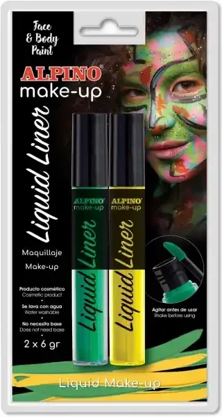 Alpino Make-up Liquid Liner Pack con 2 Botes de Maquillaje Liquido con Aplicador – Se Lava con Agua – Testado Dermatologicamente – Colores Amarillo y Verde