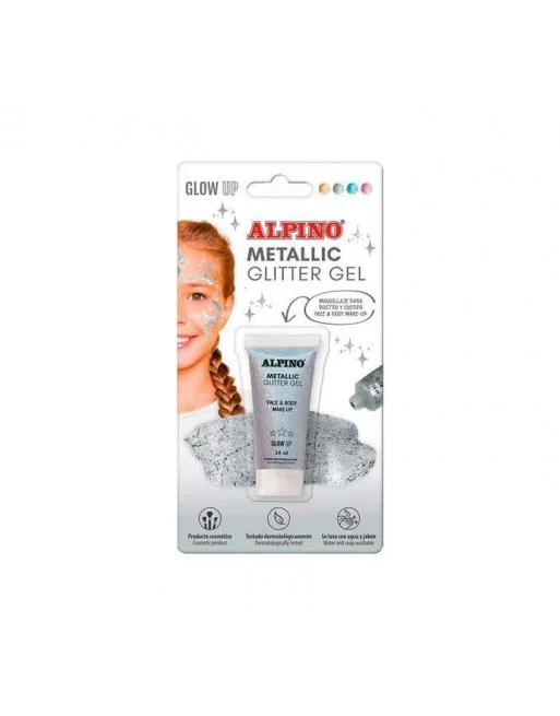 ALPINO MAQUILLAJE TRANSPARENTE EN TUBO EFECTO METALIC GLITTER GEL PLATA 14 ML –