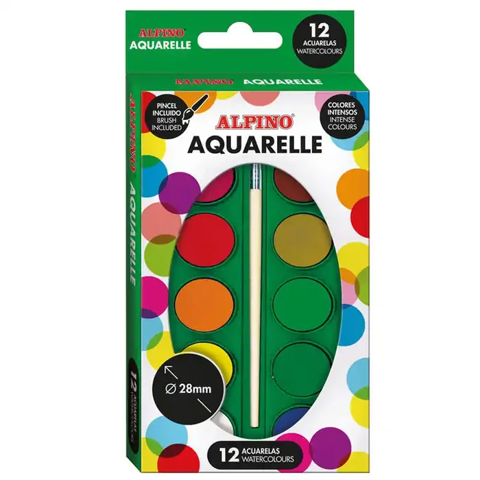 Alpino Pack de 12 Acuarelas – 28mm Diametro – Colores Intensos – Incluye Pincel – Colores Surtidos