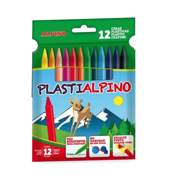 Alpino Pack de 12 Ceras PlastiAlpino para Niños – Material Resistente – No Manchan – Colores Brillantes – Colores Surtidos