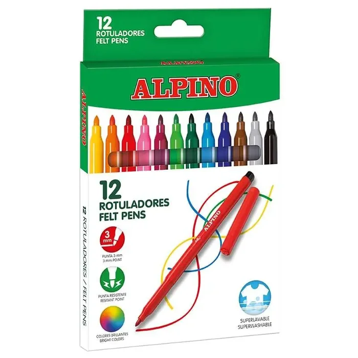 Alpino Pack de 12 Rotuladores Escolares – Punta Fina de 3mm – Superlavables y Brillantes – Ideal para Creatividad y Manualidades – Colores Surtidos