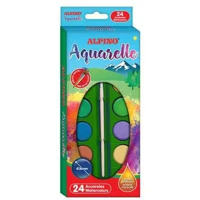 Alpino Pack de 24 Acuarelas – 28mm Diametro – Colores Intensos – Incluye Pincel – Colores Surtidos