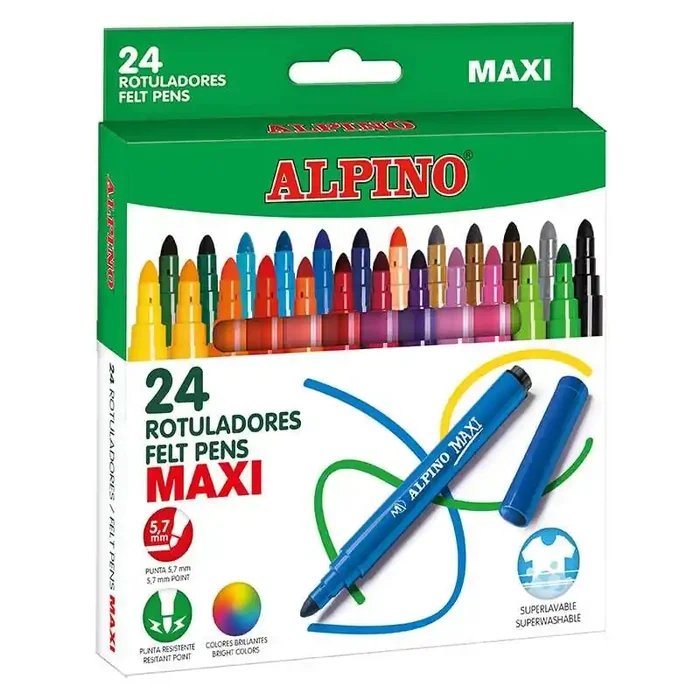 Alpino Pack de 24 Maxi Rotuladores Gruesos – Punta de 6mm – Superlavables, Resistentes y Duraderos – Colores Brillantes – Colores Surtidos