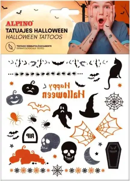 Alpino Pack de Tatuajes Halloween – Diseños Terrorificos – Colores Plata, Negro y Naranja