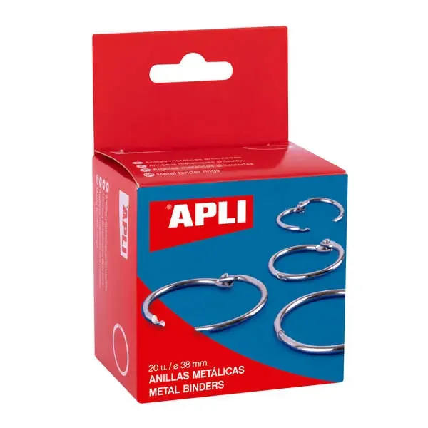 Apli Anillas Articuladas Metalicas 38mm – Acabado Niquelado Duradero – Ideal para Encuadernacion y Scrapbooking – Caja con 20 Anillas