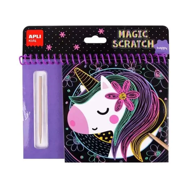Apli Bloc Magic Scratch Happy – 8 Laminas para Rascar – Palito Rascador de Madera – Ilustracion con Imagen de Muestra