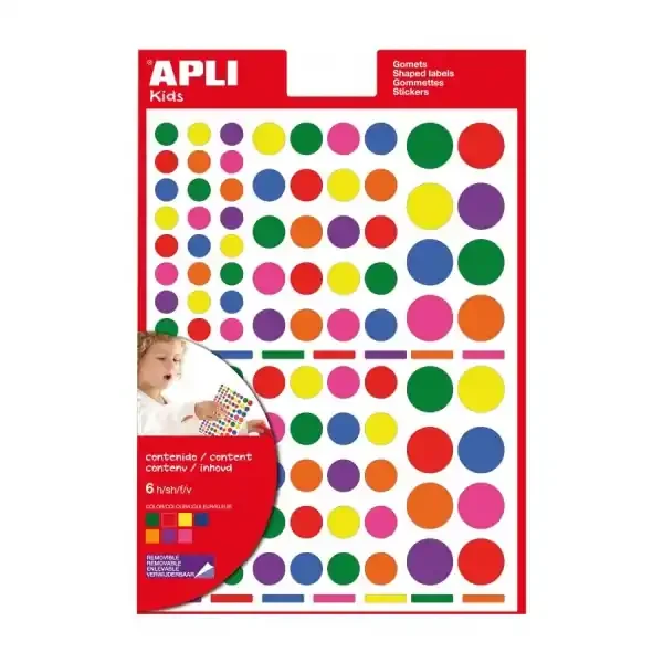 Apli Bolsa de Gomets Redondos Adhesivo Removible – Tres Tamaños Surtidos – 624 Gomets – Desarrolla Psicomotricidad y Creatividad – Color Amarillo