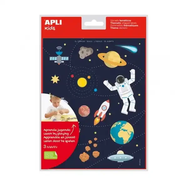 Apli Bolsa de Gomets Tematicos el Espacio – Adhesivo Removible – Desarrolla Habilidades Motoras – Ideal para Escuelas – Adhesivo Base Agua – Libre de Disolventes
