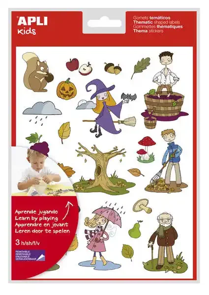 Apli Bolsa de Gomets Tematicos el Otoño – 72 Gomets en 3 Hojas – Adhesivo Removible – Ilustraciones Educativas – Adhesivo Base Agua – Libre de Disolventes – Coloridos (5 uds)