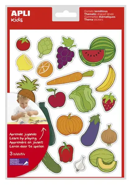 Apli Bolsa de Gomets Tematicos Frutas y Verduras – 69 Gomets – Adhesivo Removible – Ilustraciones Divertidas – Adhesivo Base Agua – Libre de Disolventes – Coloridos (5 uds)
