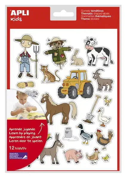 Apli Bolsa de Gomets Tematicos la Granja – 276 Gomets en 12 Hojas – Adhesivo Removible – Ideal para Escuelas – Adhesivo Base Agua – Libre de Disolventes – Divertidas Ilustraciones – Colorido Diseño (5 uds)