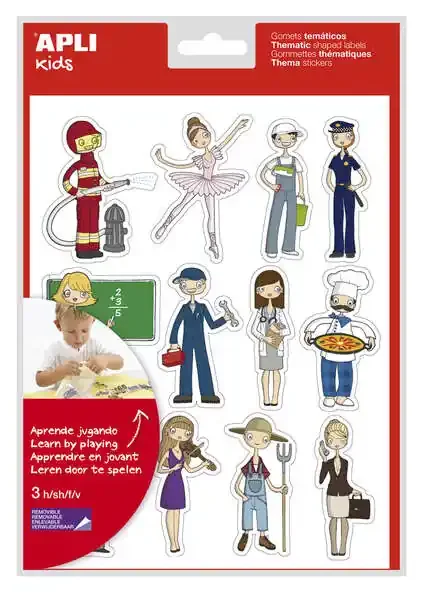 Apli Bolsa de Gomets Tematicos las Profesiones – 36 Gomets en 3 Hojas – Ilustraciones Educativas – Adhesivo Removible – Adhesivo Base Agua – Libre de Disolventes – Color Variado (5 uds)