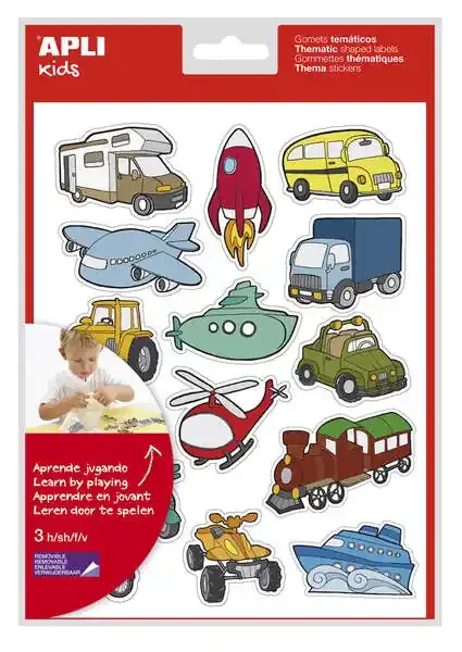 Apli Bolsa de Gomets Tematicos Transportes – 45 Gomets en 3 Hojas – Ilustraciones Divertidas para Enriquecer Vocabulario y Habilidades Motoras – Adhesivo Removible – Adhesivo Base Agua – Libre de Disolventes – Colorido (5 uds)